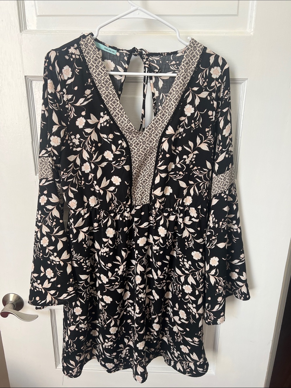 Maurices Black Floral V-Neck Boho Dress with Cream Accents